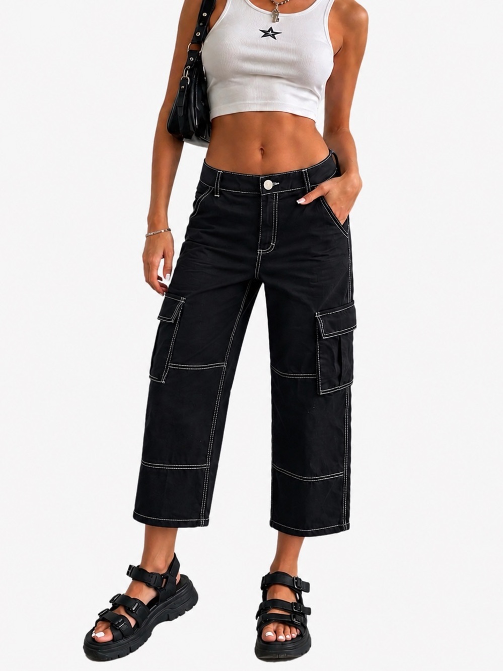 Vintage Y2K Black Crop Baggy Cargo Pants with Contrast Stitching Juniors Size 5